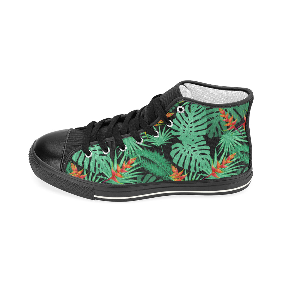 heliconia flower palm monstera leaves black backgr Women's High Top Canvas Shoes Black