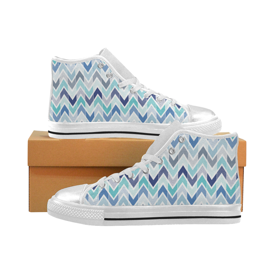 zigzag  chevron blue pattern Women's High Top Canvas Shoes White