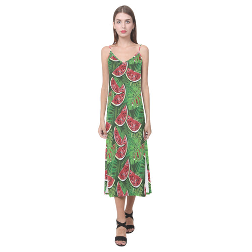 Watermelons tropical palm leaves pattern backgroun V-Neck Open Fork Long Dress
