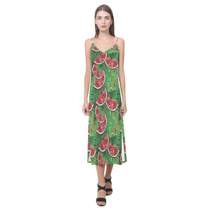 Watermelons tropical palm leaves pattern backgroun V-Neck Open Fork Long Dress