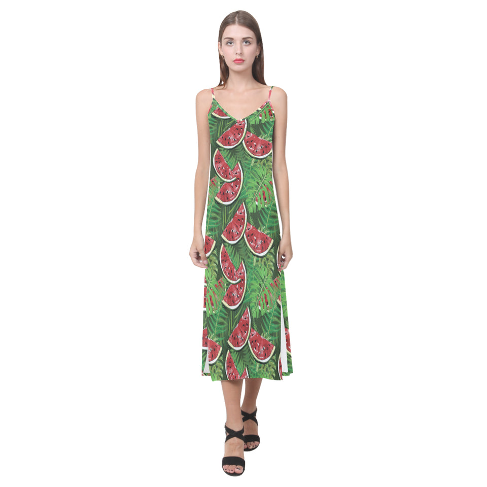 Watermelons tropical palm leaves pattern backgroun V-Neck Open Fork Long Dress