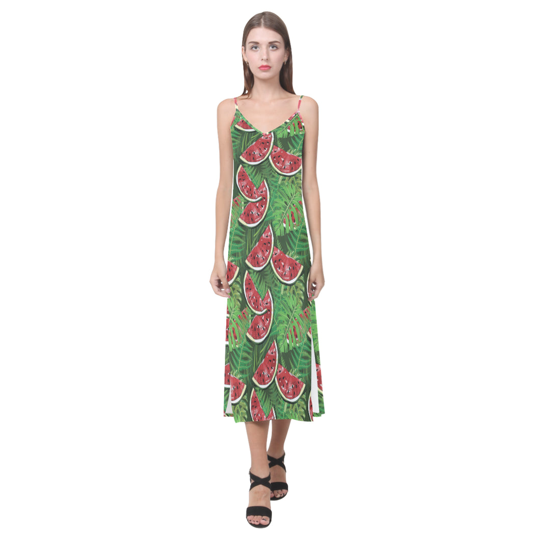 Watermelons tropical palm leaves pattern backgroun V-Neck Open Fork Long Dress