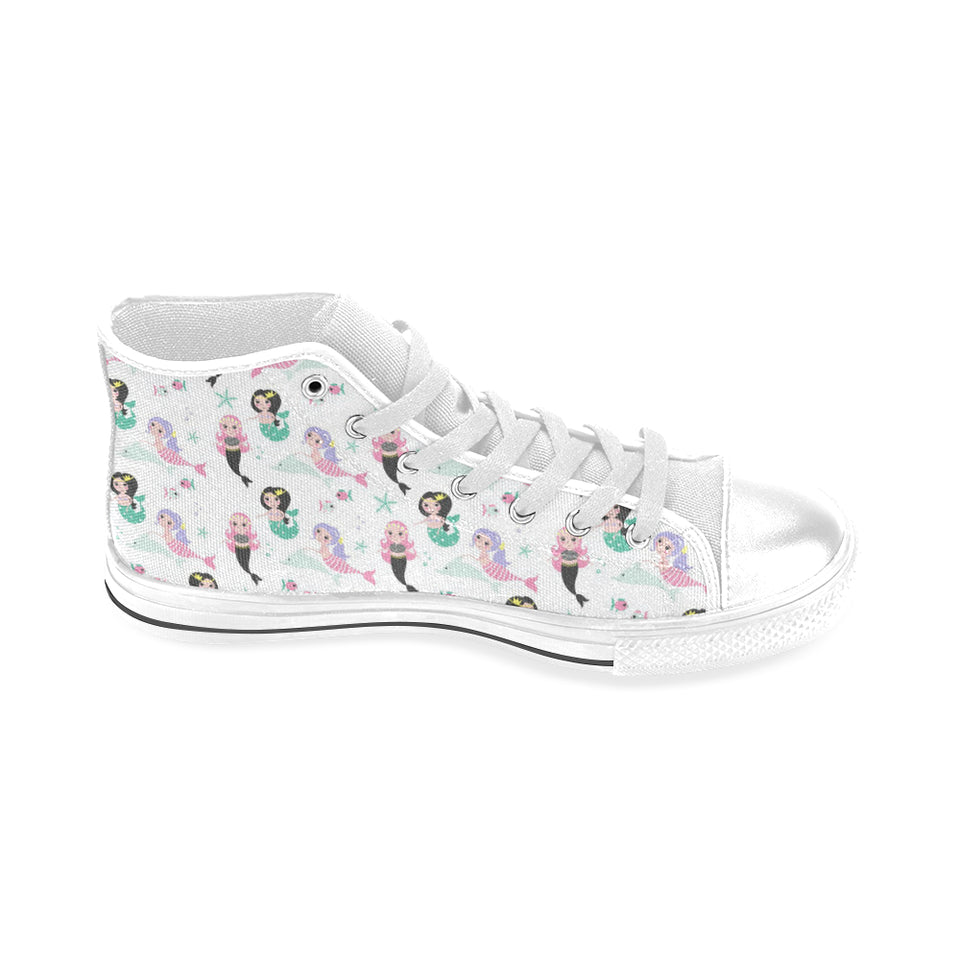 cute mermaid dolphin fish starfish pattern Men's High Top Canvas Shoes White