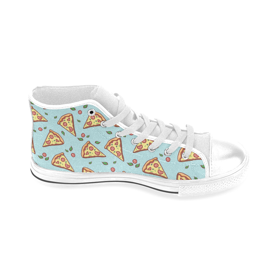 Hand drawn pizza blue background Men's High Top Canvas Shoes White