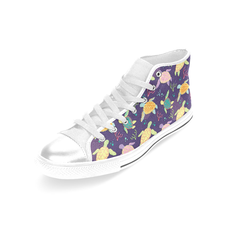 Colorful sea turtle pattern Women's High Top Canvas Shoes White