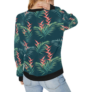 heliconia flowers, palm and monstera leaves on bla Women's Crew Neck Sweatshirt