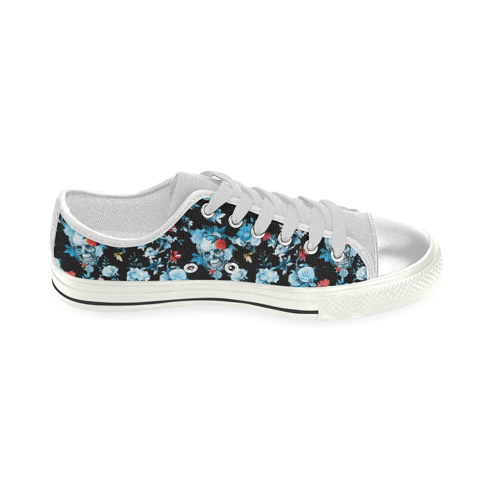 Skull flower roses leave pattern Women's Low Top Canvas Shoes White
