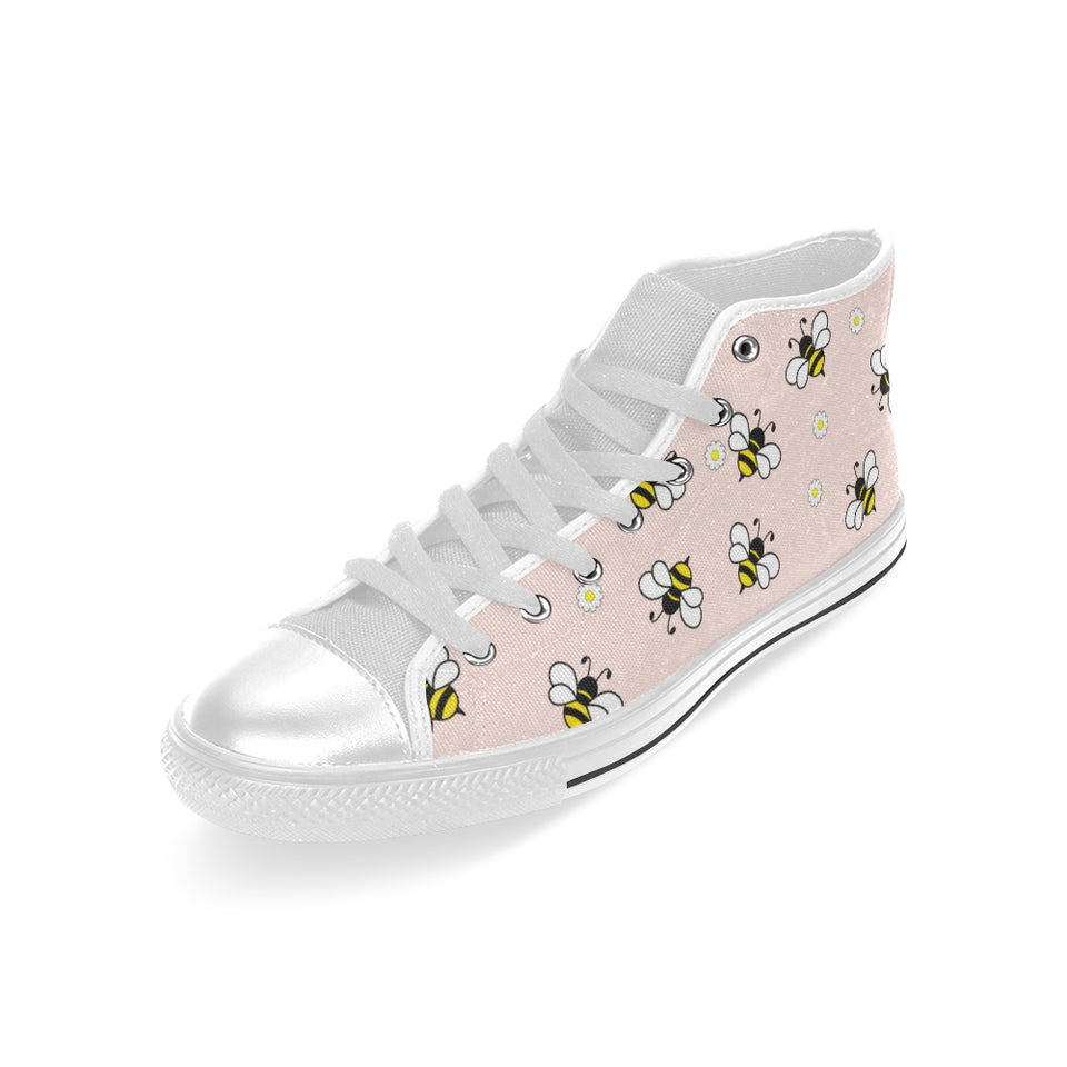 Cute bee flower pattern pink background Men's High Top Canvas Shoes White