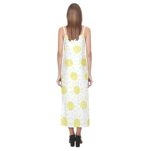 hand drawn sun pattern V-Neck Open Fork Long Dress