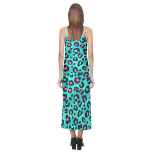 Green leopard skin print pattern V-Neck Open Fork Long Dress
