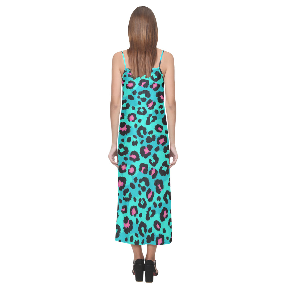 Green leopard skin print pattern V-Neck Open Fork Long Dress