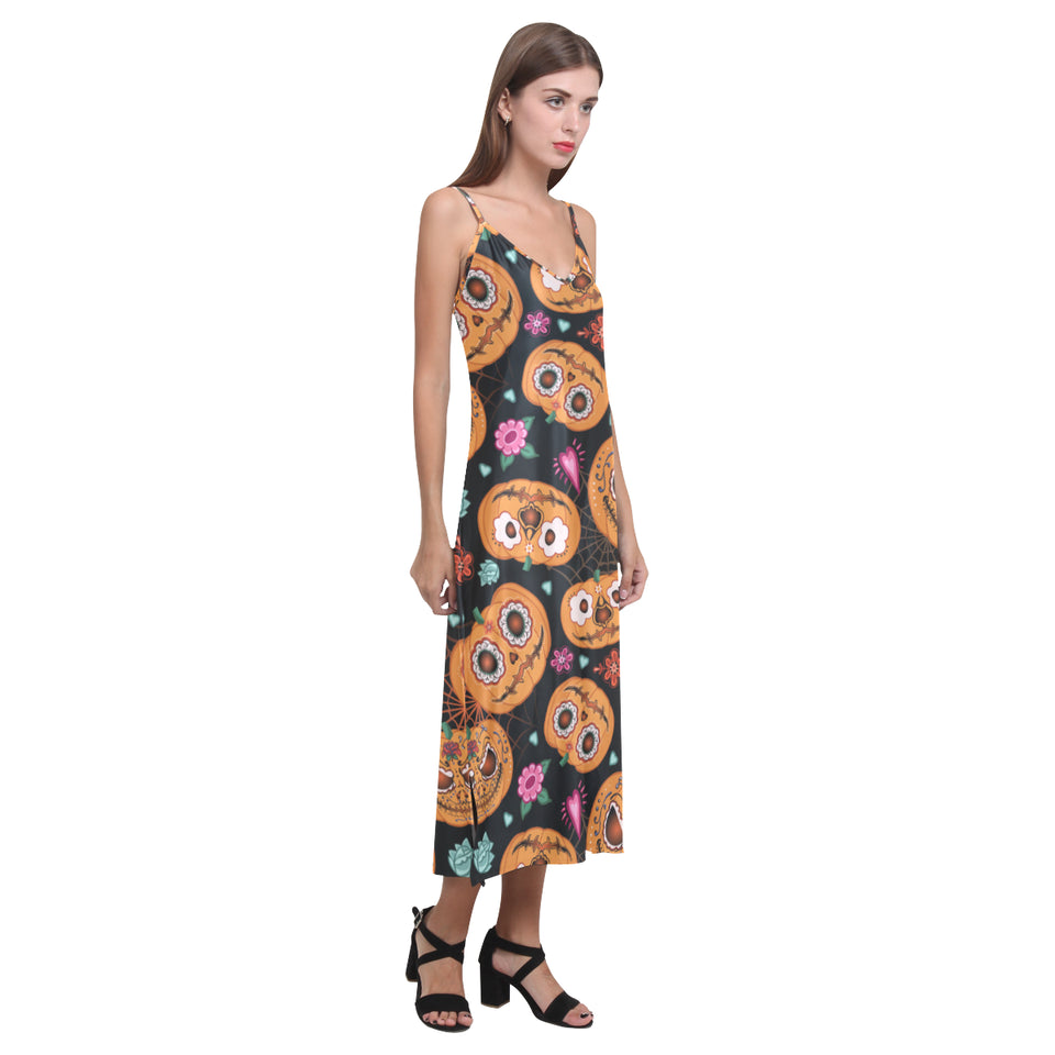 Pumpkin flowers spiderweb Halloween theme V-Neck Open Fork Long Dress