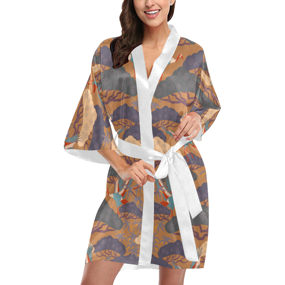 Bonsai bamboo stork japanese pattern brown theme Women's Short Kimono Robe