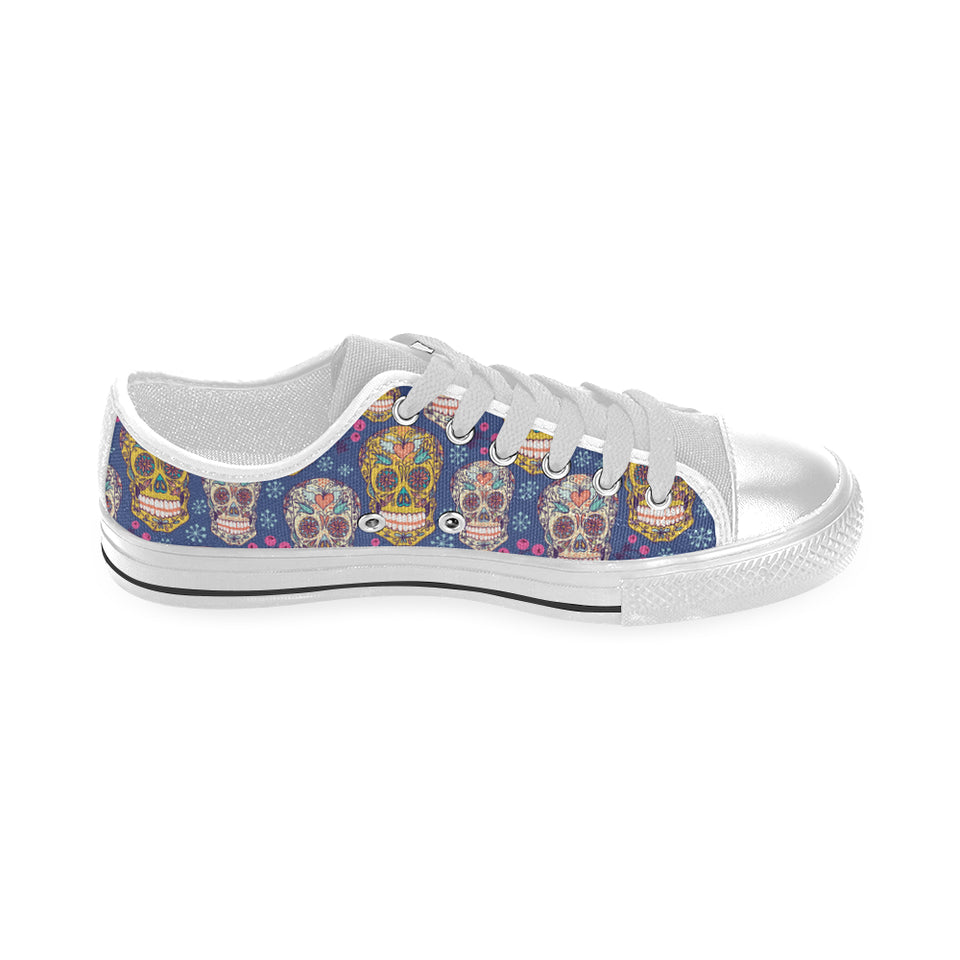 Sugar skull flower pattern Men's Low Top Shoes White