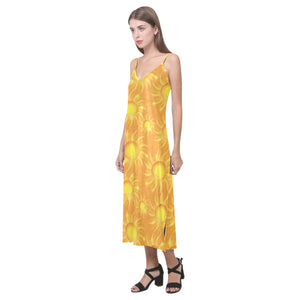 Sun orange background V-Neck Open Fork Long Dress