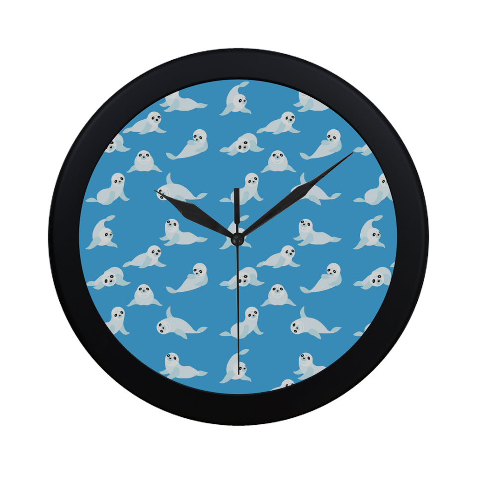 Cute sea lion seal pattern background Elegant Black Wall Clock