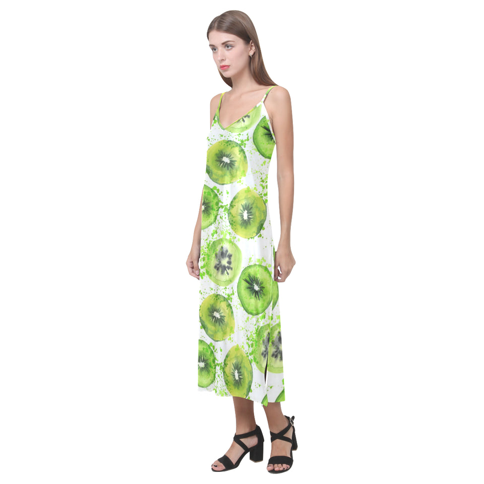 Watercolor kiwi pattern V-Neck Open Fork Long Dress