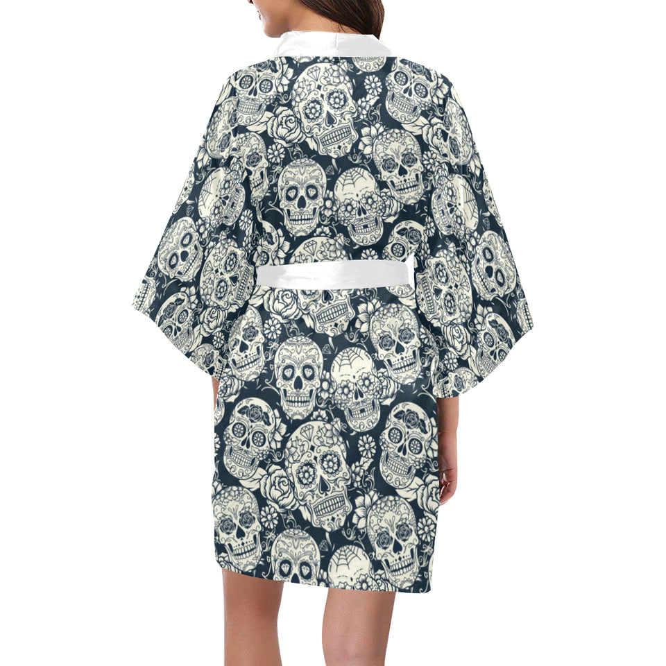 Sugar skull black white pattern Women's Short Kimono Robe