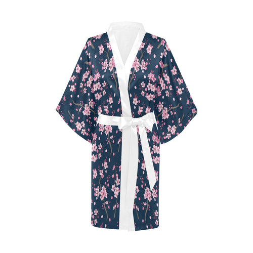 Pink sakura cherry blossom blue background Women's Short Kimono Robe