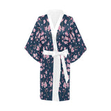 Pink sakura cherry blossom blue background Women's Short Kimono Robe