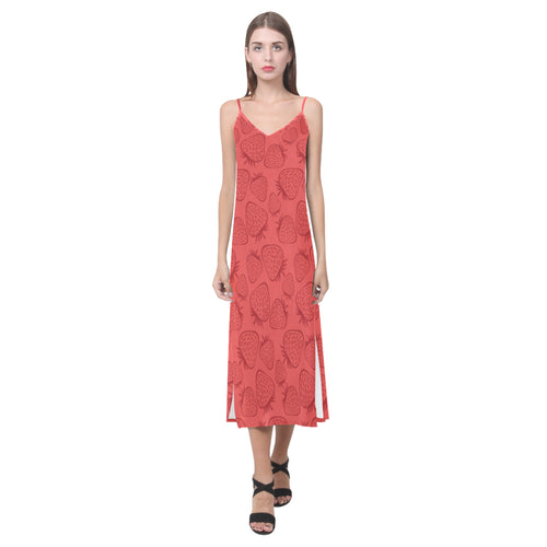 strawberry pattern red background V-Neck Open Fork Long Dress