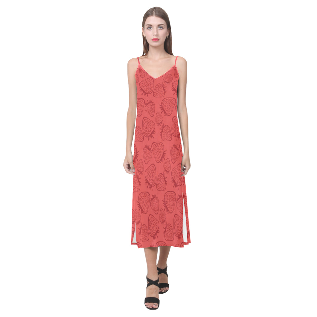 strawberry pattern red background V-Neck Open Fork Long Dress