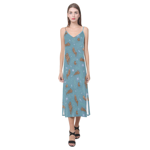Sea otters pattern V-Neck Open Fork Long Dress