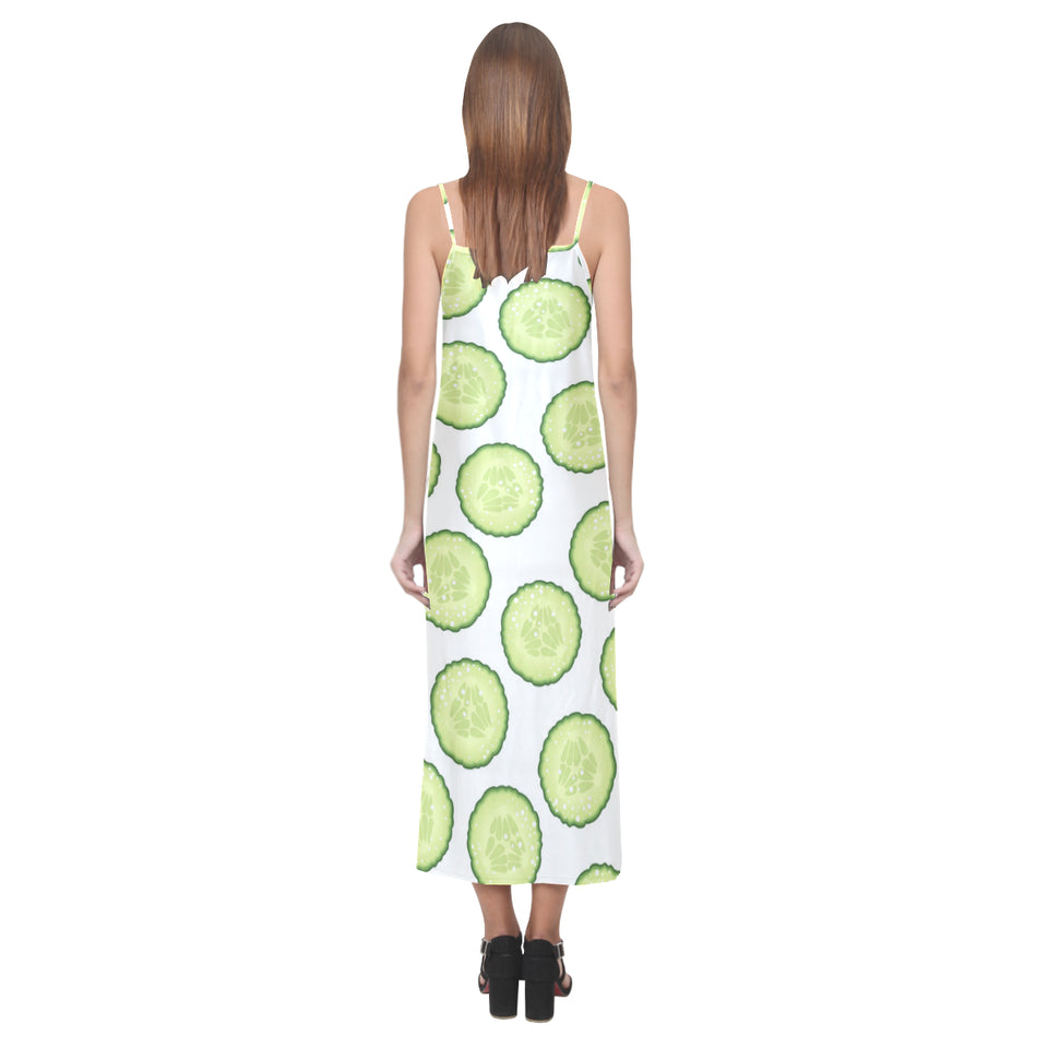 Cucumber slices pattern V-Neck Open Fork Long Dress