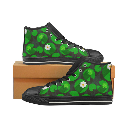 Frog waterlily pattern Women's High Top Canvas Shoes Black