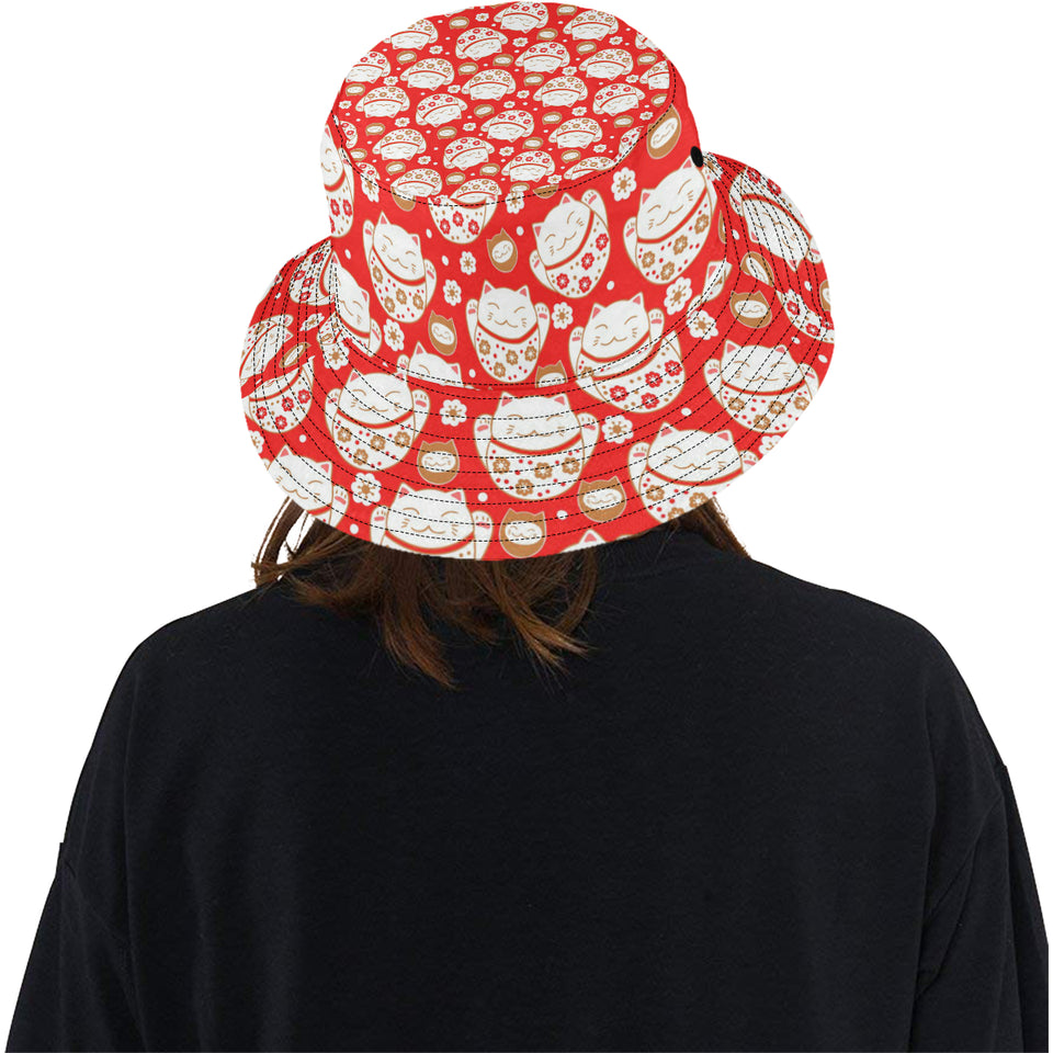 Cute Maneki neko cat red background Unisex Bucket Hat