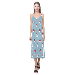 Cute penguin christmas snow pattern V-Neck Open Fork Long Dress