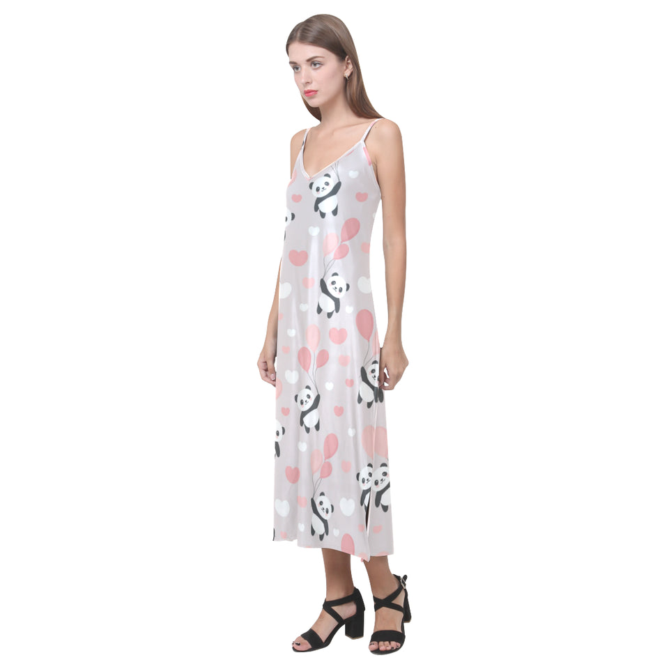 Cute panda ballon heart pattern V-Neck Open Fork Long Dress