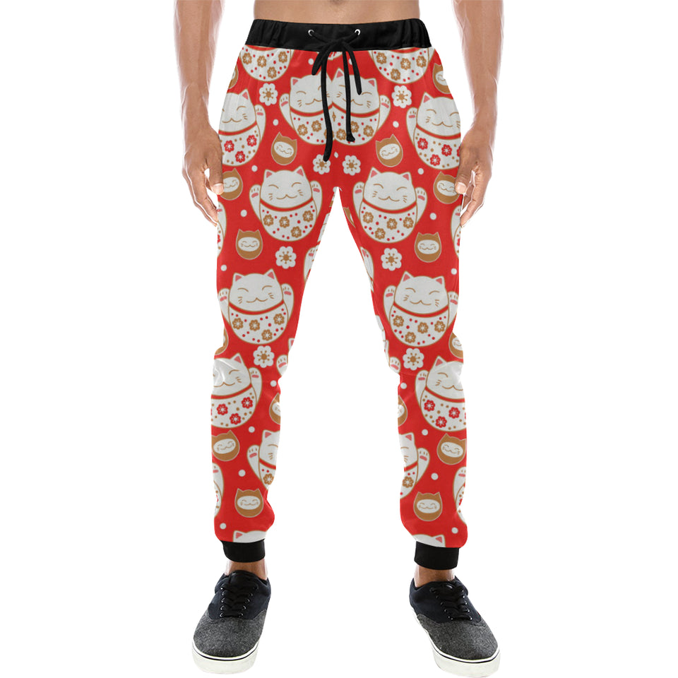 Cute Maneki neko cat red background Unisex Casual Sweatpants
