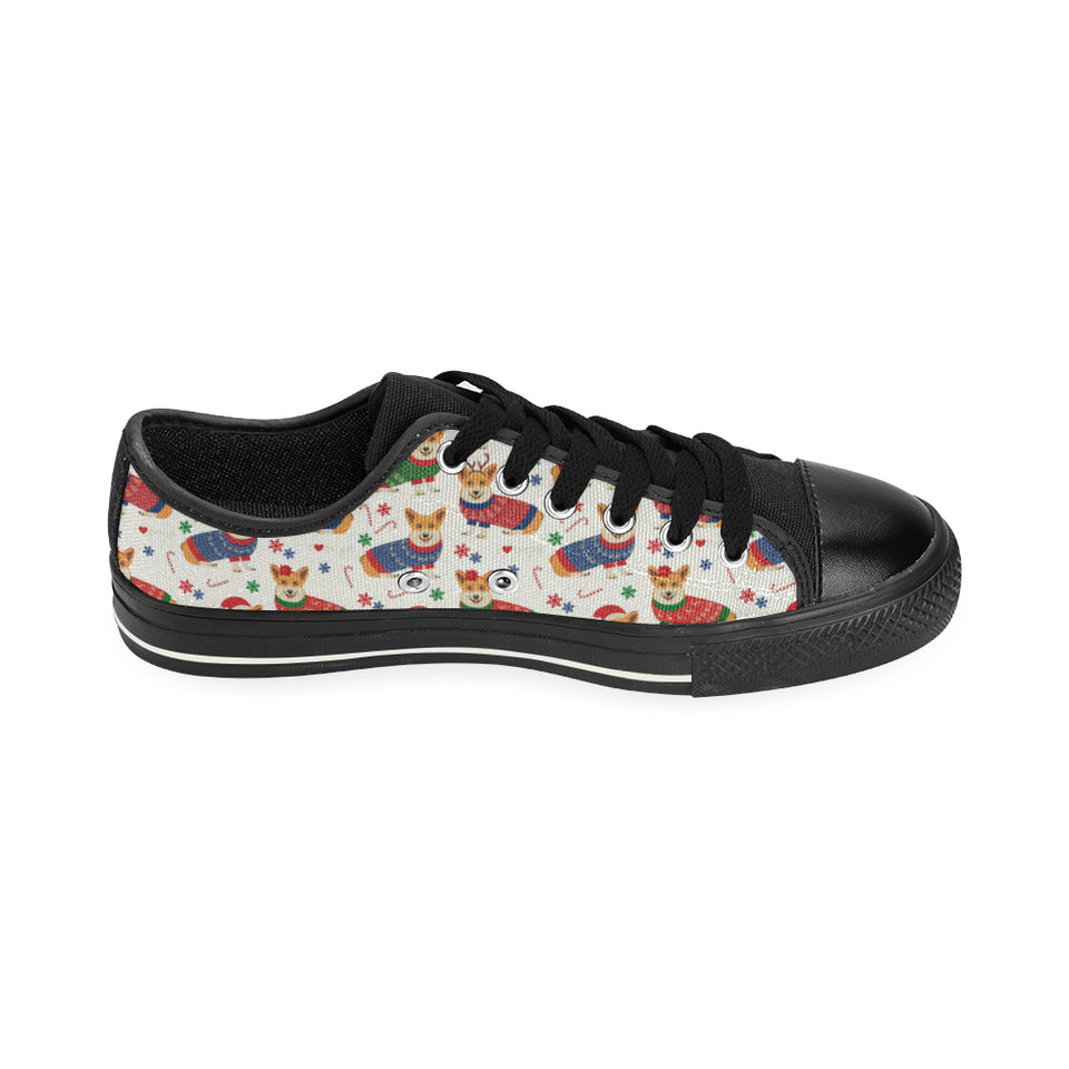 Corgi Christmas Pattern Men's Low Top Canvas Shoes Black