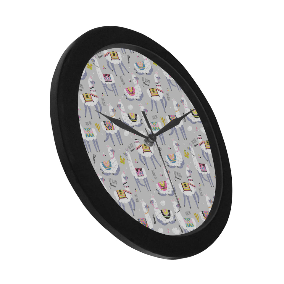 Cute Llama Alpaca pattern Elegant Black Wall Clock