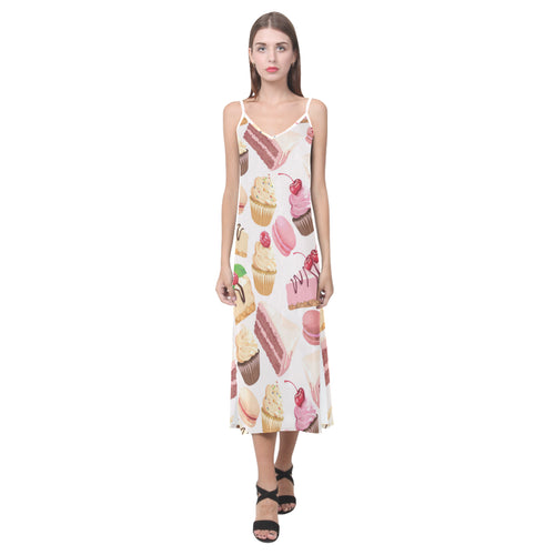 Cake cupcake sweets pattern V-Neck Open Fork Long Dress
