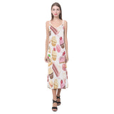 Cake cupcake sweets pattern V-Neck Open Fork Long Dress