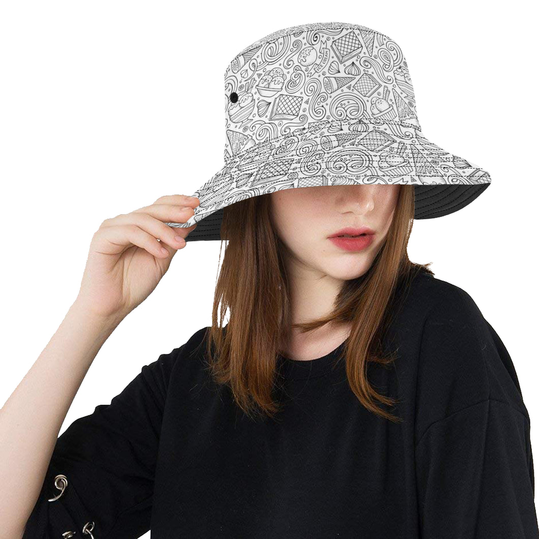 Cartoon hand drawn ice cream black white Unisex Bucket Hat