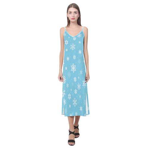 Snowflake pattern blue background V-Neck Open Fork Long Dress