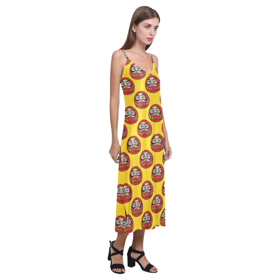 Daruma japanese wooden doll yellow background V-Neck Open Fork Long Dress