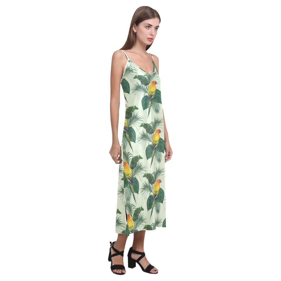 Beautiful parrot palm leaves pattern V-Neck Open Fork Long Dress