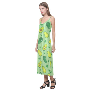 Avocado pattern green background V-Neck Open Fork Long Dress