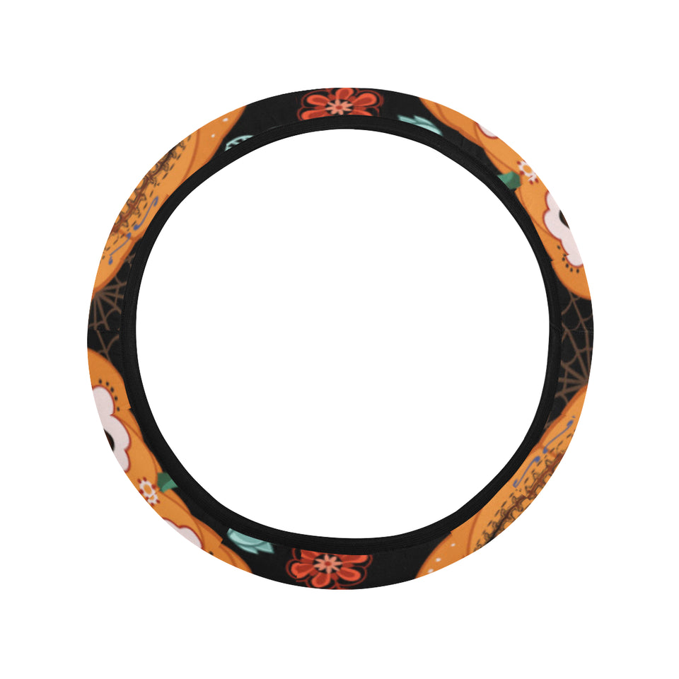 Pumpkin flowers spiderweb Halloween theme Car Steering Wheel Cover