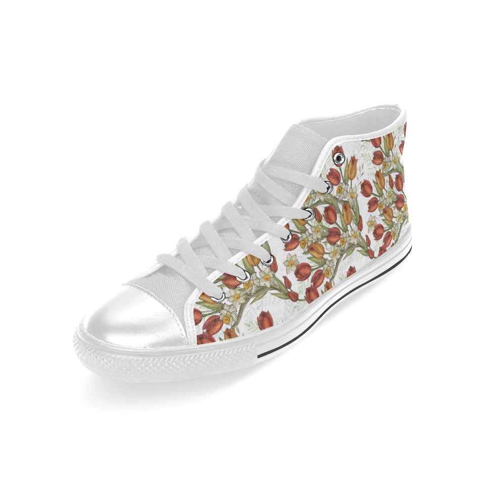 Red tulips and daffodils pattern Men's High Top Canvas Shoes White