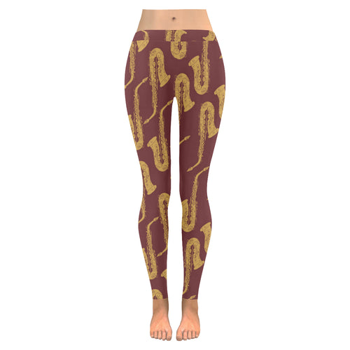 Hand drawn gold saxophone red background Women's Legging Fulfilled In US