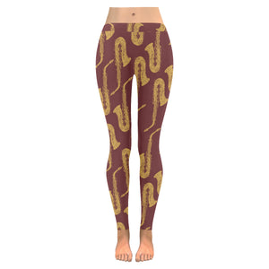 Hand drawn gold saxophone red background Women's Legging Fulfilled In US