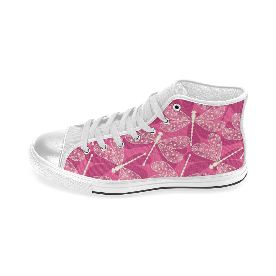 Beautiful dragonfly pink background Women's High Top Canvas Canvas Shoes White