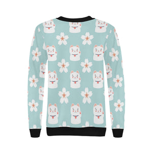 Maneki neko cat sakura Women's Crew Neck Sweatshirt