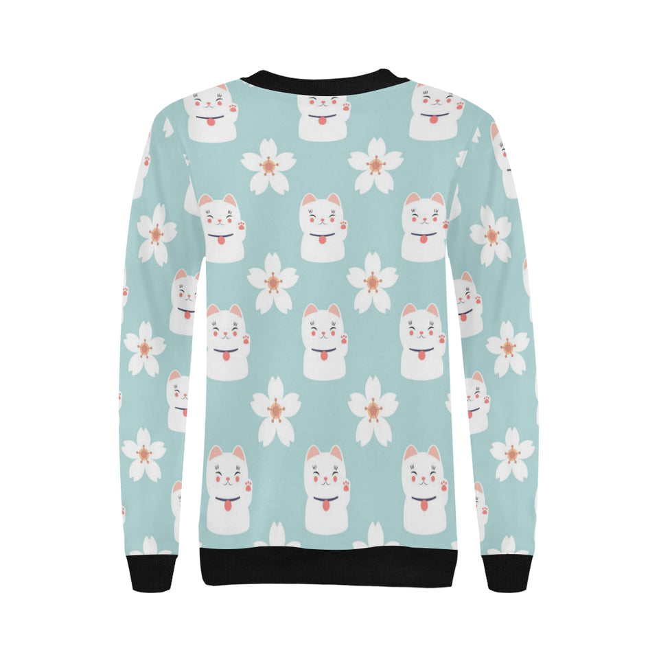 Maneki neko cat sakura Women's Crew Neck Sweatshirt