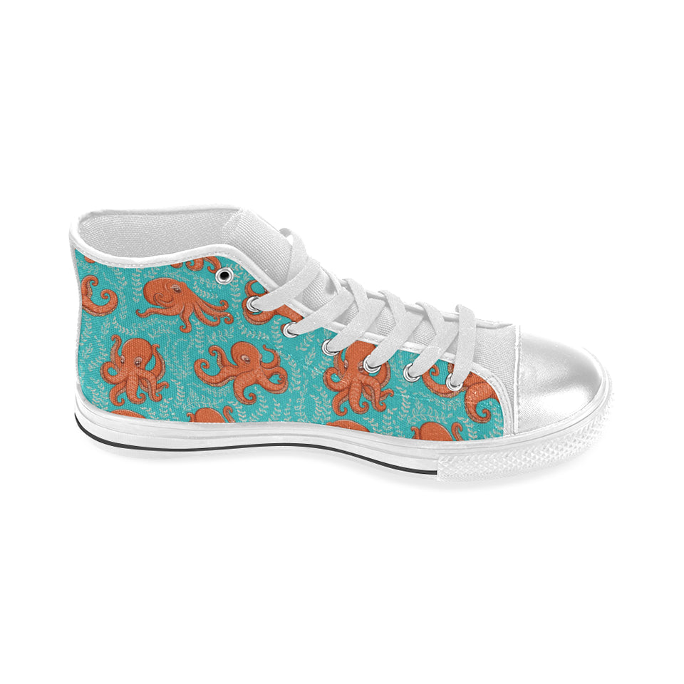 Octopus turquoise background Women's High Top Canvas Shoes White